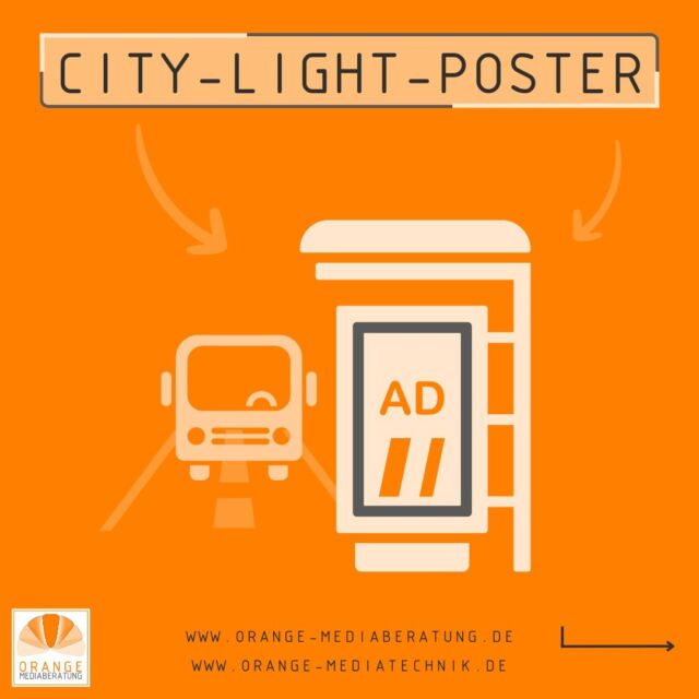 ⁣Wir stellen erneut ein besonderen Werbeträger der Außenwerbung vor, der vor allem durch die folgenden Eigenschaften seine Einzigartigkeit erlangt:⠀
⠀
⠀
Das City-Light-Poster (CLP) fällt im Stadtbild nicht nur durch sein Hochkantformat (118,5 x 175,0 cm) auf, sondern auch vor allem wegen seiner...⠀
⠀
⠀
...flächendeckenden Präsenz. Das CLP steht oftmals an Bus-Wartehallen, Bahnhöfen, Einkaufszentren und auch sogar in Fußgängerzonen.⠀
...hochwertigen Beschaffenheit. Das CLP-Werbeplakat befindet sich in einer hinterleuchteten Glasvitrine.⠀
...Integration an hochfrequentierten Standorten. Besonders bei CLP-Wechslern wird die Auffälligkeit mithilfe wechselnder Motive erhöht.⠀
⠀
Du möchtest auch an hochfrequentierten Standorten werben und benötigst noch Unterstützung von einem erfahrenen Team?⠀
Dann vereinbare gerne ein kostenloses Beratungsgespräch mit uns! (info@orange-mediaberatung.de oder 04421 / 98 38 592)